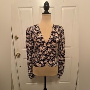 Wayf Black and Cream Floral V-neck Blouse, small